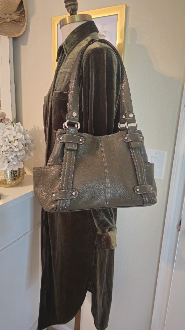 Tignanello Pebbled Leather Satchel/Shoulder Handbag (Forest Green/Brown Lining